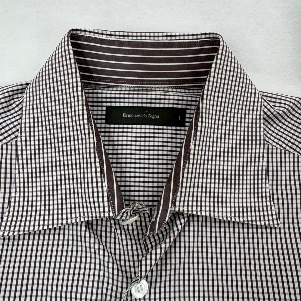 Ermenegildo Zegna Mens Button Down Shirt LRG Brown White Micro Check Office - Picture 3 of 9